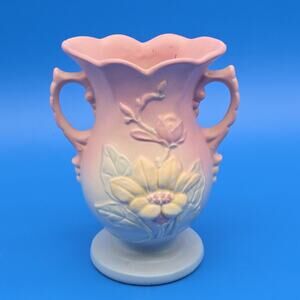 Hull Art Pottery Magnolia Vase 6.25” Matte Pink Blue Double Handle USA 1940s
